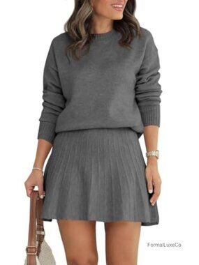 Women's 2 Piece Knit Sweater Set Crewneck Pullover Pleated Mini Skirt